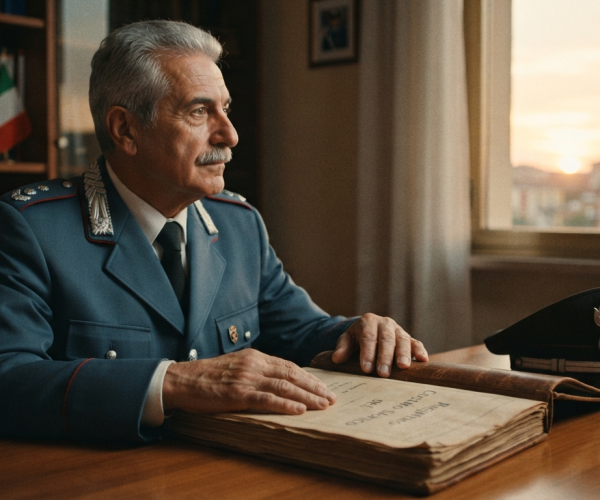 Un'inquadratura intima e ravvicinata, dai toni caldi e leggermente nostalgici, mostra un Ufficiale Superiore dell'Arma dei Carabinieri (un Tenente Colonnello dai capelli grigi e baffi curati, lo sguardo riflessivo) mentre è seduto alla sua scrivania in una caserma.