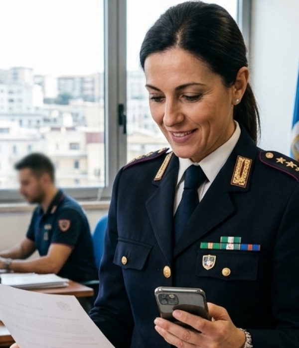 Operatrice polizia in commissariato che gestisce bene la sua giornata